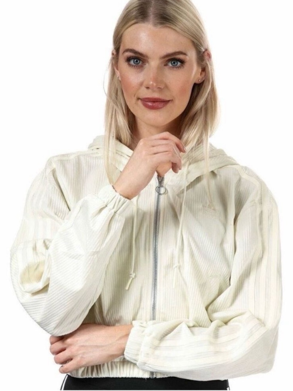Adidas Originals Off-White Hooded Corduroy Cropped 3 Stripe Jacket - Size Small